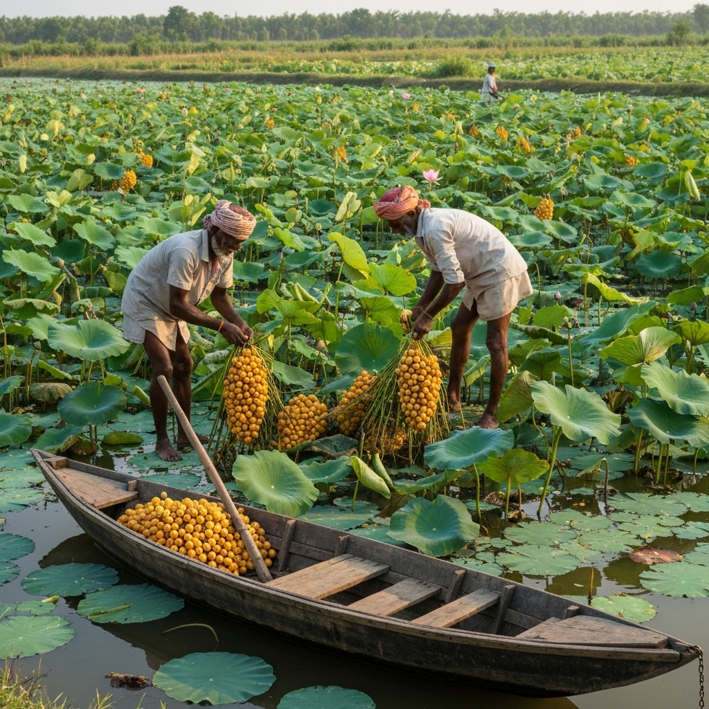 Organic makhana farming in Bihar lotus ponds - sustainable fox nuts cultivation