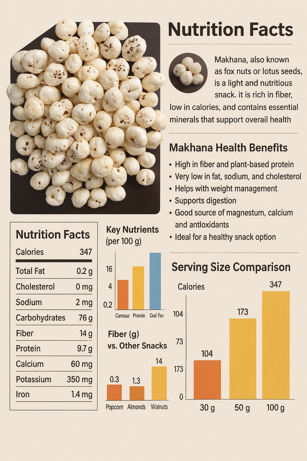 Makhana Nutrition Facts - Complete nutritional information per 100g including calories, protein, fiber, and health benefits